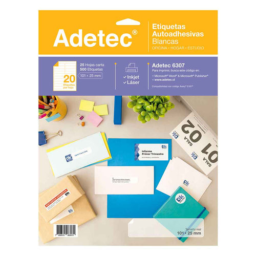 500 Etiquetas Autoadhesivas Inkjet/láser 101x25 mm 25 Hojas Adetec - 6307