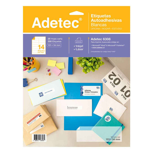 350 Etiquetas Adhesivas Inkjet/láser 101x34 mm 25 Hojas - 6308 Adetec