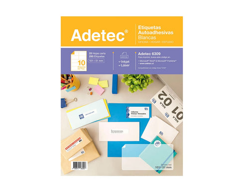 250 Etiquetas Adhesivas Inkjet/láser Blancas 101x51 mm 25 Hojas Adetec - 6309