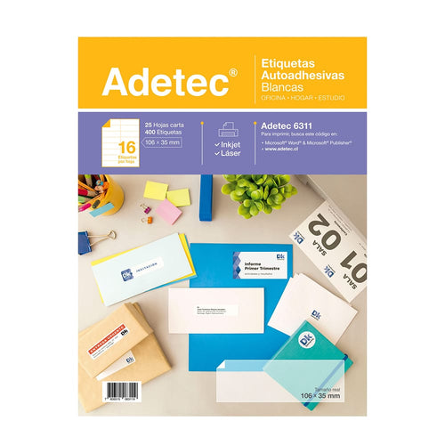400 Etiquetas Adhesivas Inkjet/láser 106X35 mm 25 Hojas Adetec - 6311