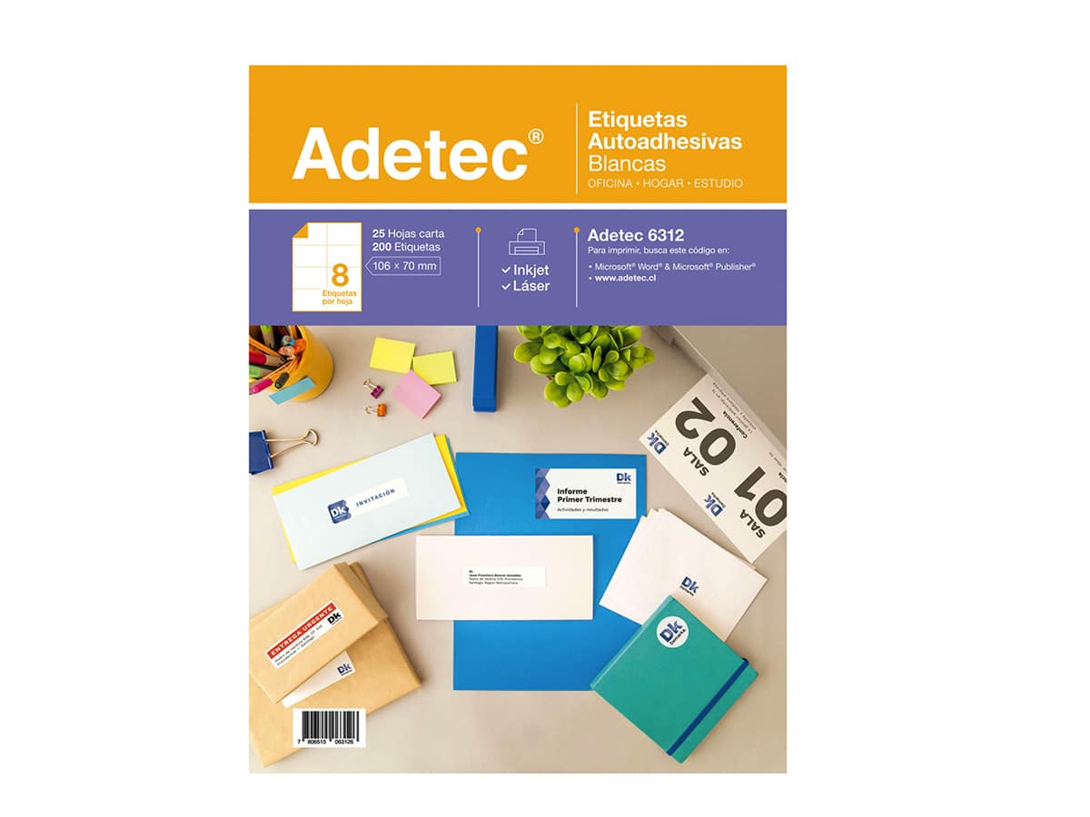 200 Etiquetas Adhesivas Inkjet/láser 106x70 mm 25 Hojas Adetec - 6312