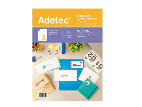 200 Etiquetas Adhesivas Inkjet/láser 106x70 mm 25 Hojas Adetec - 6312