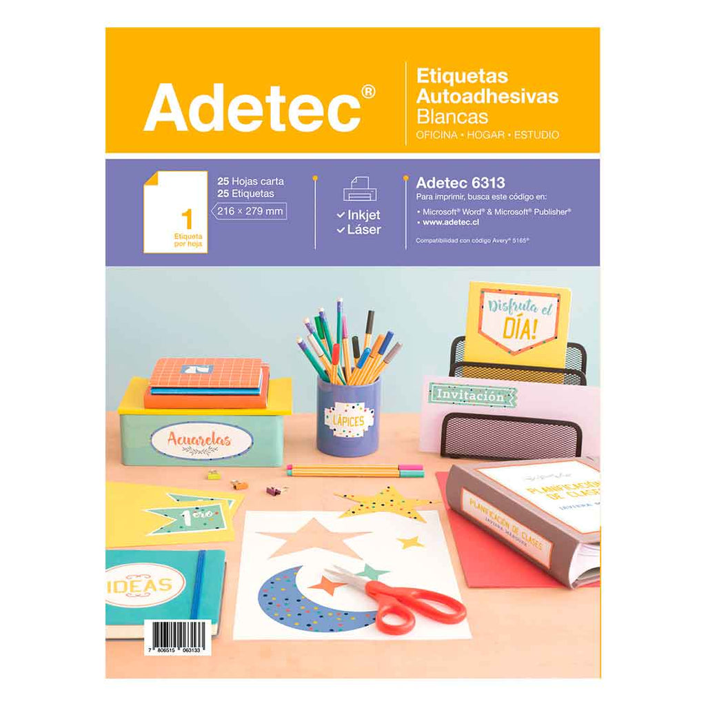 25 Etiquetas Adhesivas Inkjet/láser 216x279 mm 25 Hojas Adetec - 6313