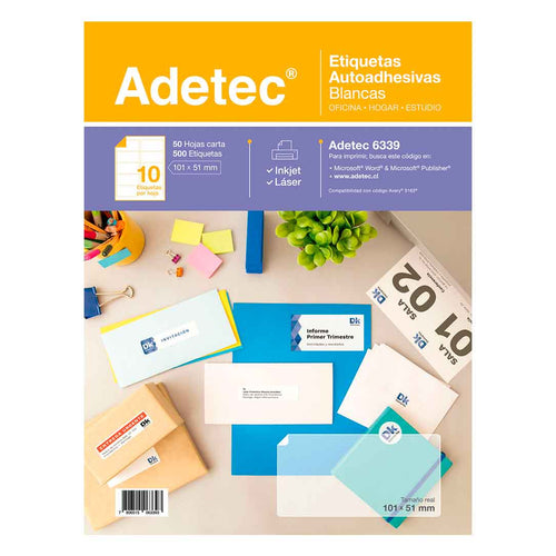 500 Etiquetas Adhesivas Inkjet/láser 101x51 mm x 50 Hojas Adetec - 6339