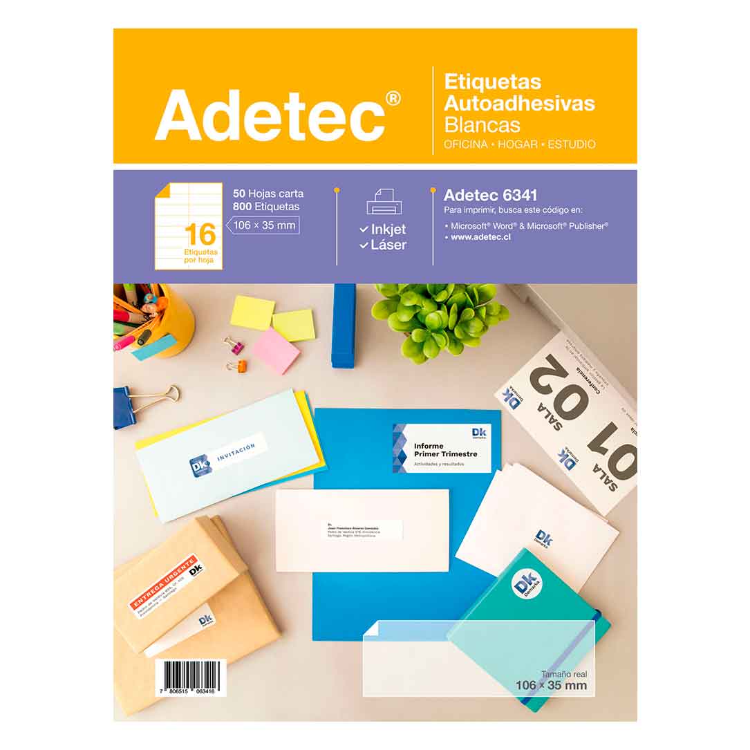 800 Etiquetas Adhesivas Inkjet/láser 106x35 mm x 50 Hojas Adetec - 6341