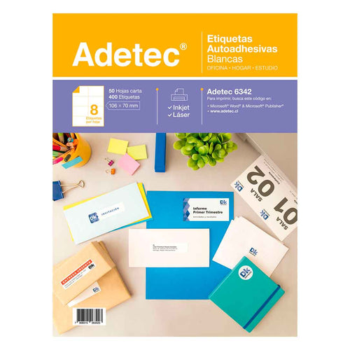 400 Etiquetas Autoadhesivas Inkjet/láser 106x70 mm 50 Hojas Adetec - 6342