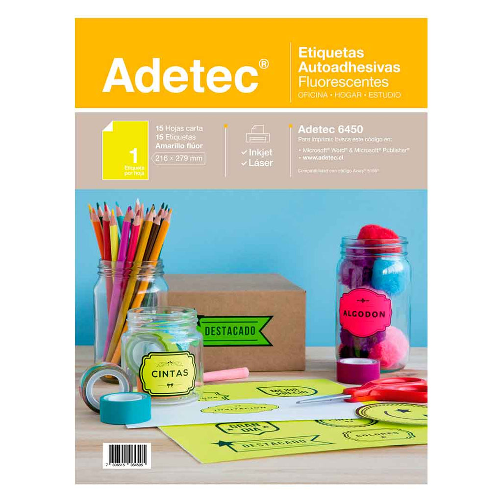 15 Etiquetas Autoadhesivas Inkjet/láser Amarilla Fluor 216x279 mm 5 Hojas Adetec - 6450