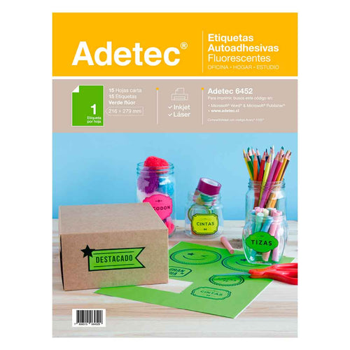 15 Etiquetas Adhesivas Inkjet/láser Verde Fluor 216x279 mm 15 Hojas - 6452 Adetec