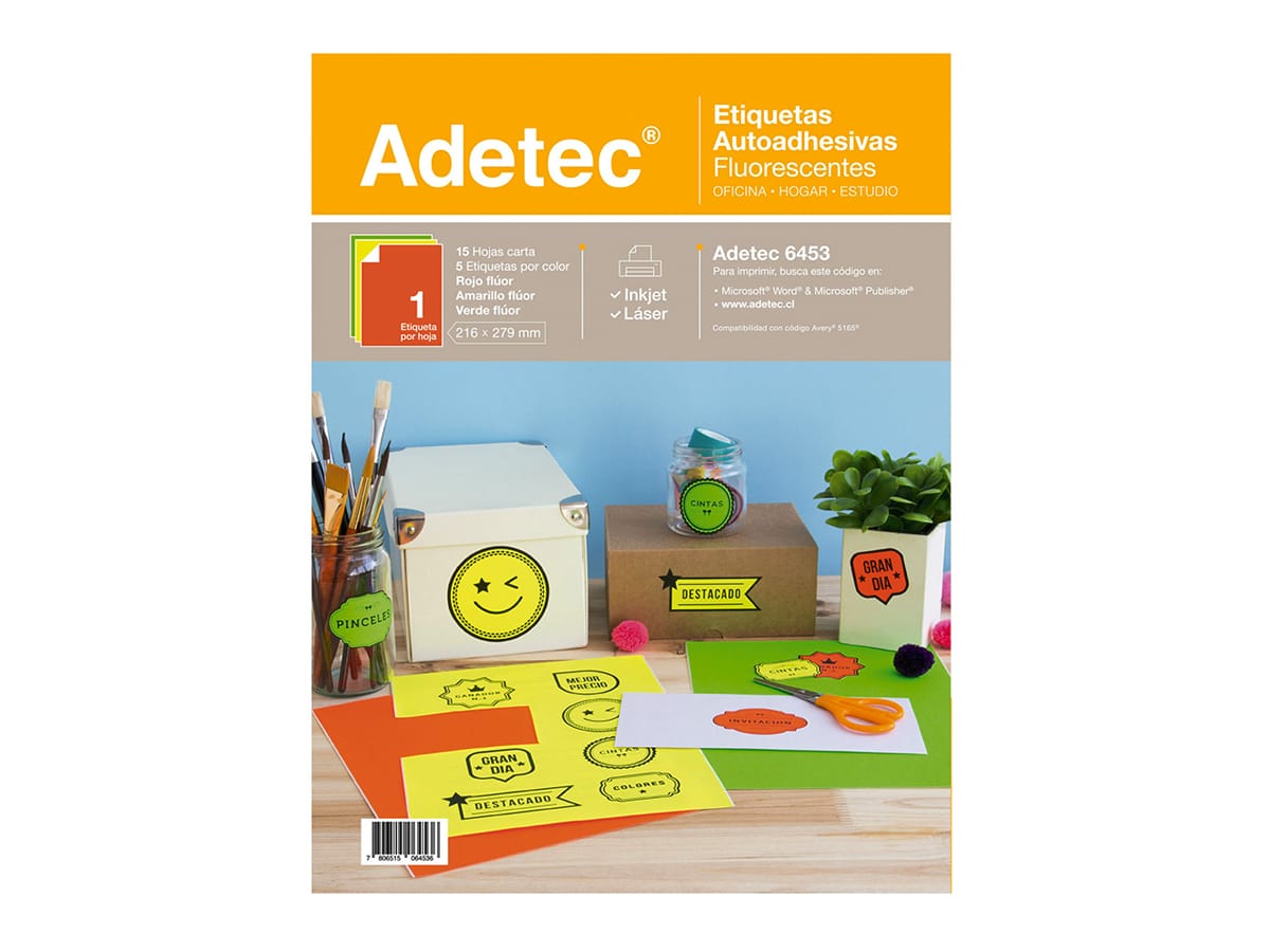 15 Etiquetas Adhesivas Inkjet/láser Mix Fluor 216x279 mm 15 Hojas Adetec - 6453