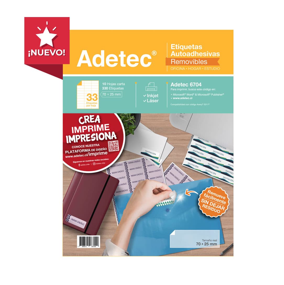 330 Etiquetas Adhesivas Removibles 70x25 mm Injek/láser x 10 Hojas Adetec - 6704
