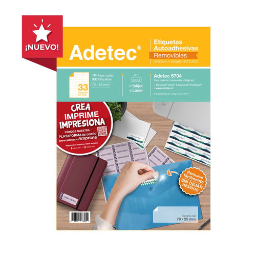330 Etiquetas Adhesivas Removibles 70x25 mm Injek/láser x 10 Hojas Adetec - 6704