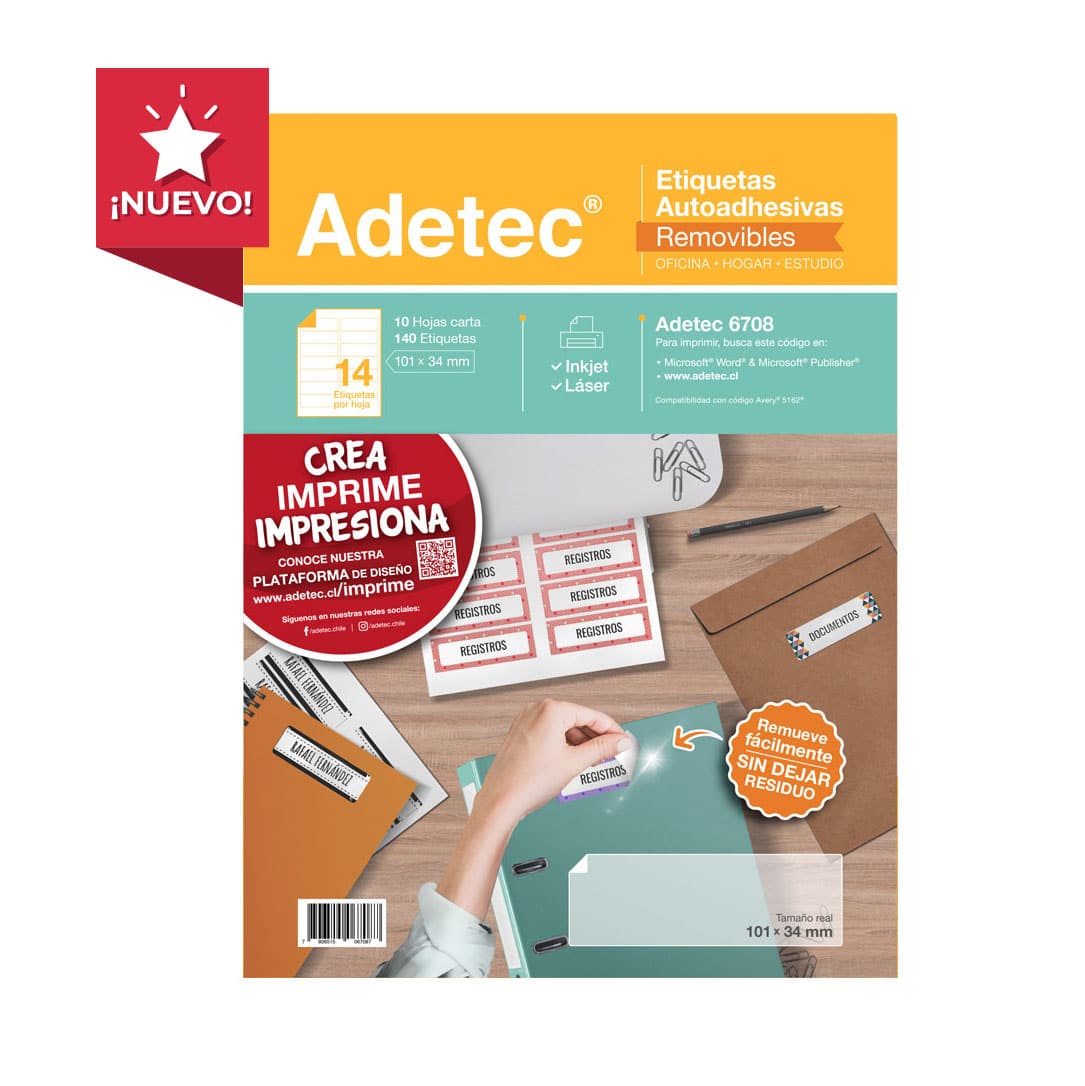 140 Etiquetas Autoadhesivas Removibles 101x34 mm Injek/láser x 10 Hojas Adetec - 6708