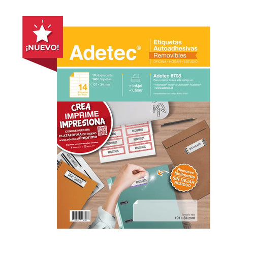 140 Etiquetas Autoadhesivas Removibles 101x34 mm Injek/láser x 10 Hojas Adetec - 6708