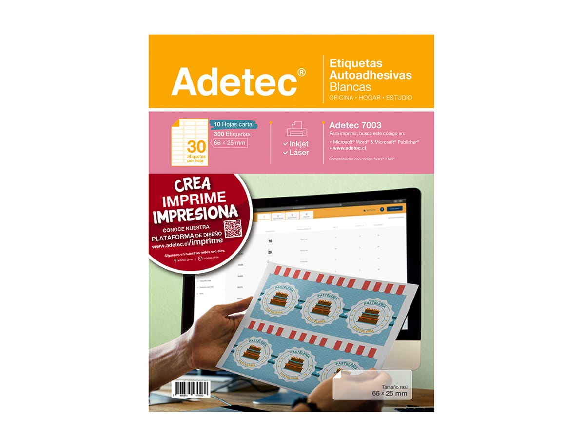 300 Etiquetas Adhesivas Inkjet/láser 66x25 mm 10 Hojas - 7003 Adetec