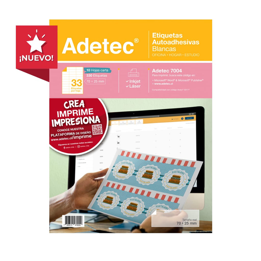 330 Etiquetas Autoadhesivas Inkjet/láser Tamaño 70x25 mm 10 Hojas Adetec - 7004