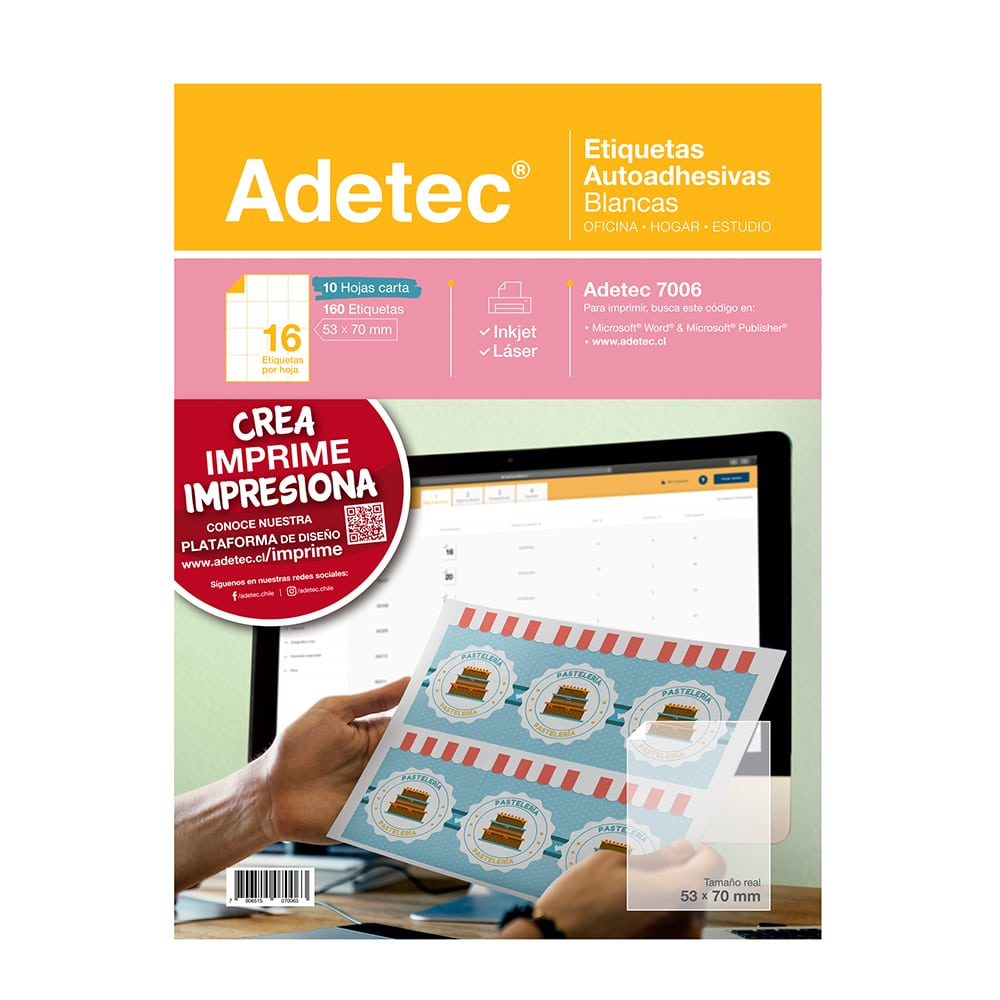 160 Etiquetas Adhesivas Inkjet/láser 53x70 mm 10 Hojas - 7006 Adetec