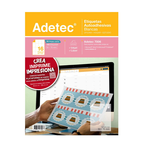 160 Etiquetas Adhesivas Inkjet/láser 53x70 mm 10 Hojas - 7006 Adetec