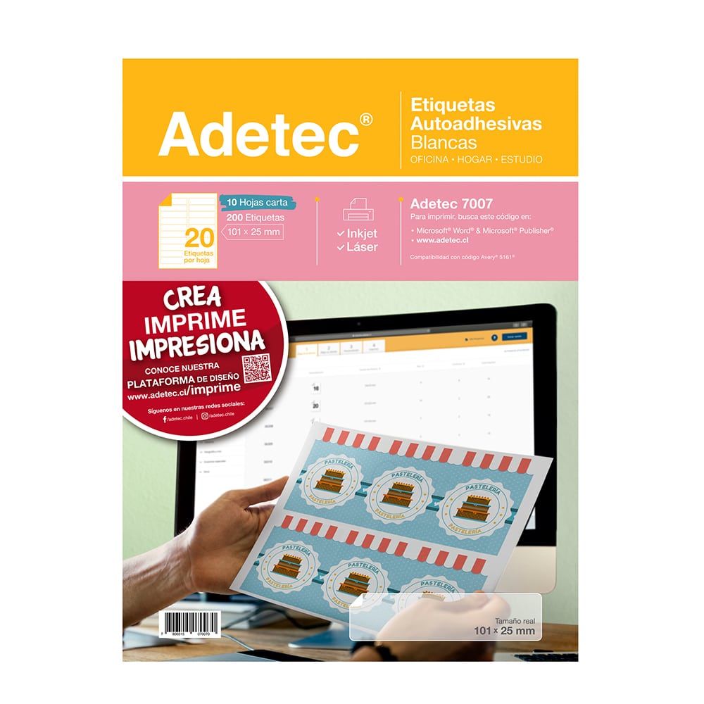 200 Etiquetas Adhesivas Inkjet/láser 101x25 mm 10 Hojas - 7007 Adetec