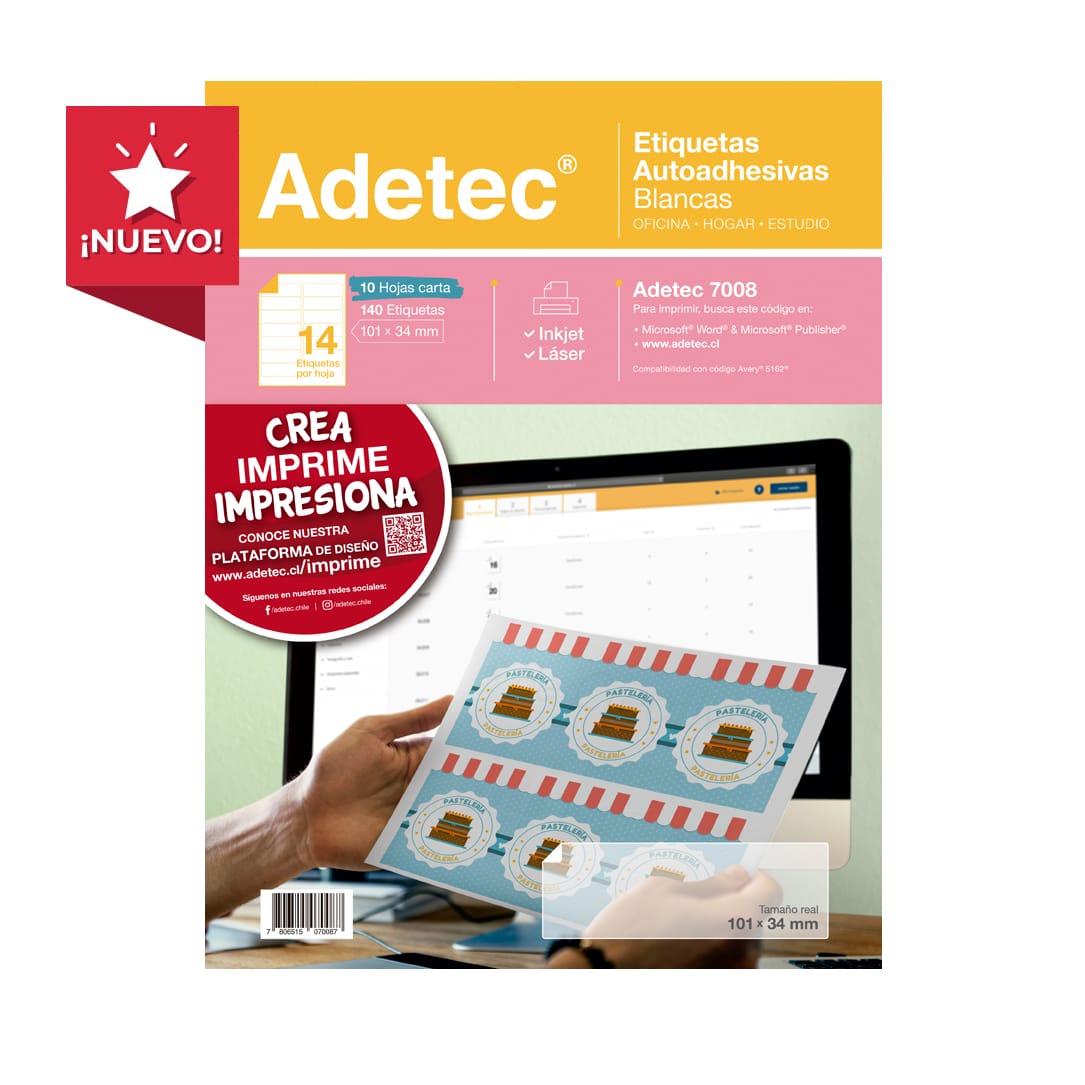 140 Etiquetas Adhesivas Inkjet/láser 101x34 mm 10 Hojas Adetec - 7008