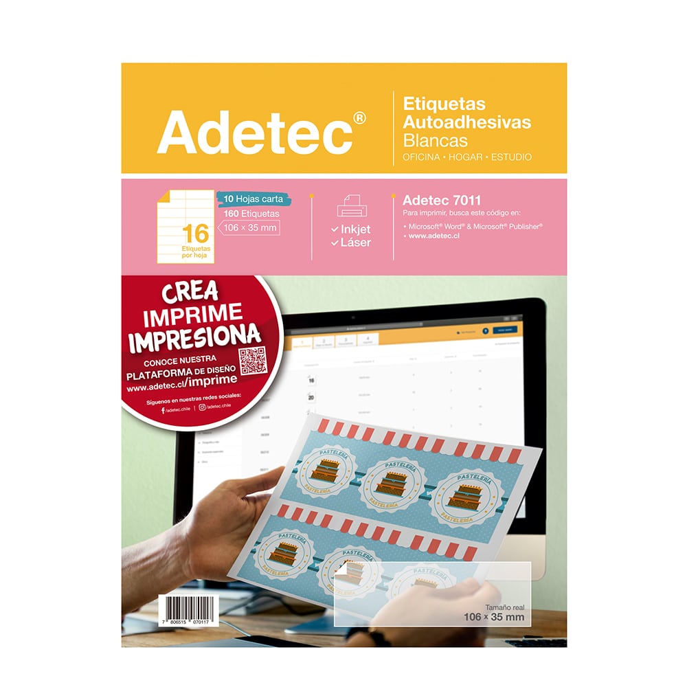 160 Etiquetas Adhesivas Inkjet/láser 106x35 mm 10 Hojas - 7011 Adetec