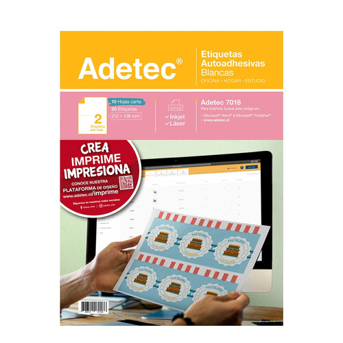 20 Etiquetas Adhesivas Inkjet/láser 212x138 mm 10 Hojas - 7018 Adetec