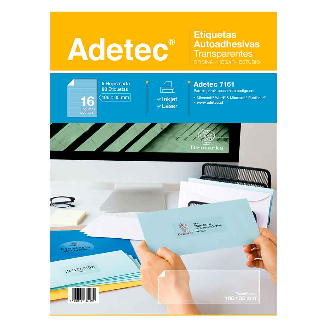 80 Etiquetas Transparentes Adhesivas Inkjet/láser 106x35 mm 5 Hojas Adetec - 7161