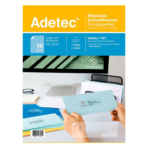80 Etiquetas Transparentes Adhesivas Inkjet/láser 106x35 mm 5 Hojas Adetec - 7161