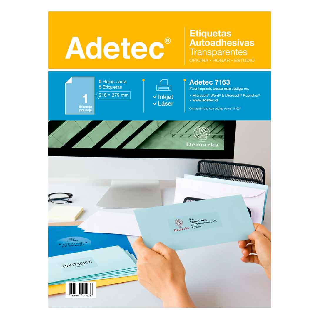 Etiquetas Adhesivas Trnasparentes Inkjet/láser 216x279 mm x 5 Hojas Adetec - 7163