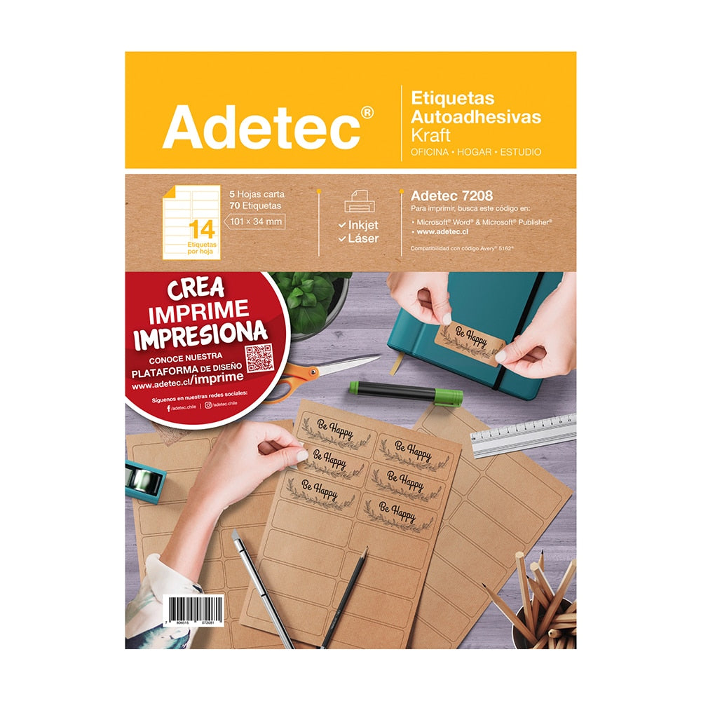Papel Kraft Autoadhesivo Inkjet/láser 101x34 mm 5 Hojas Adetec - 7208