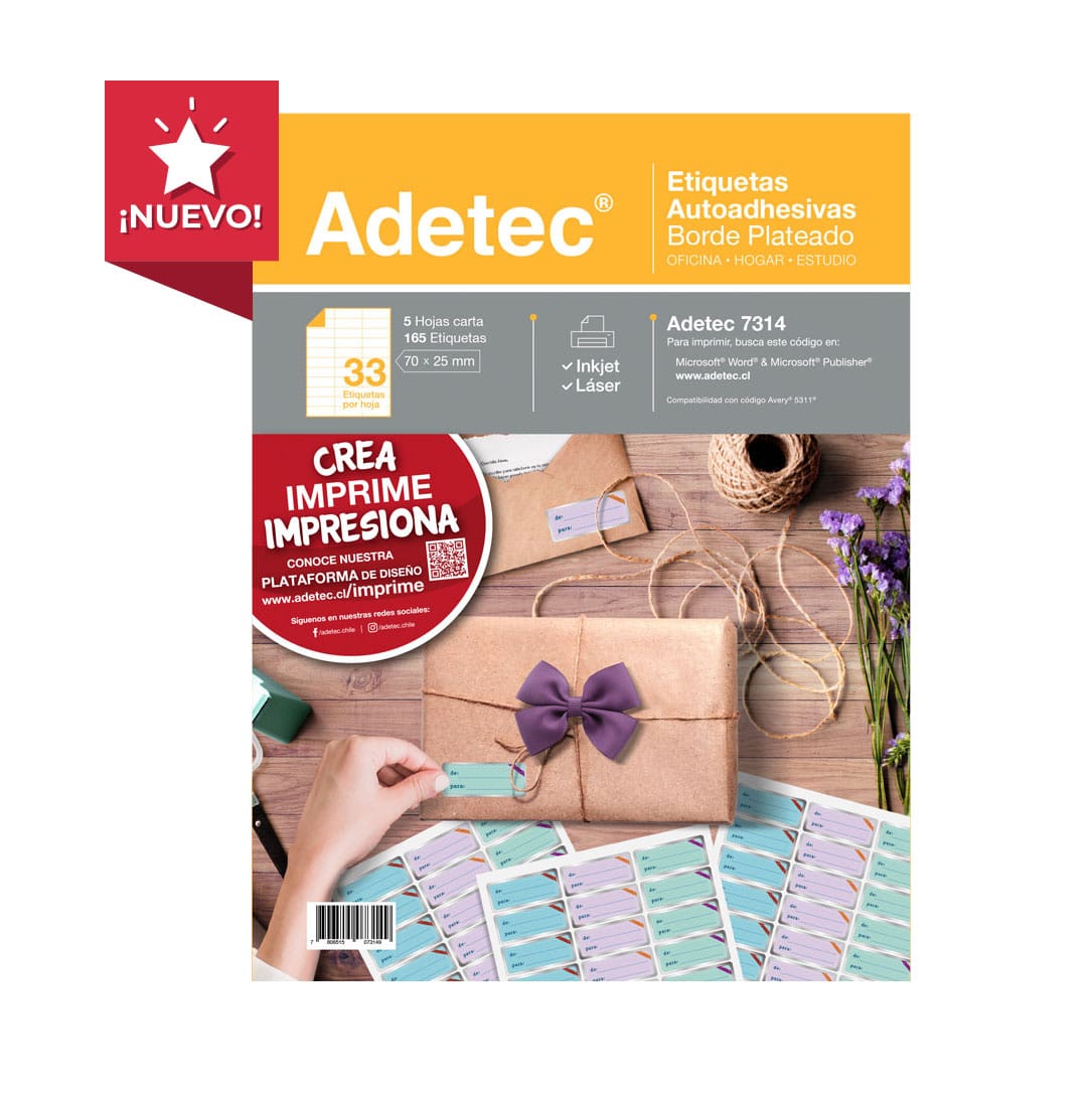 165 Etiquetas Adhesivas Folia Plateada Inkjet/láser 70X25 mm 5 Hojas Adetec - 7314
