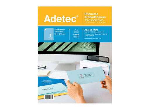 25 Etiquetas Adhesivas Transparentes Inkjet/láser 216x279 mm 25 Hojas Adetec - 7463