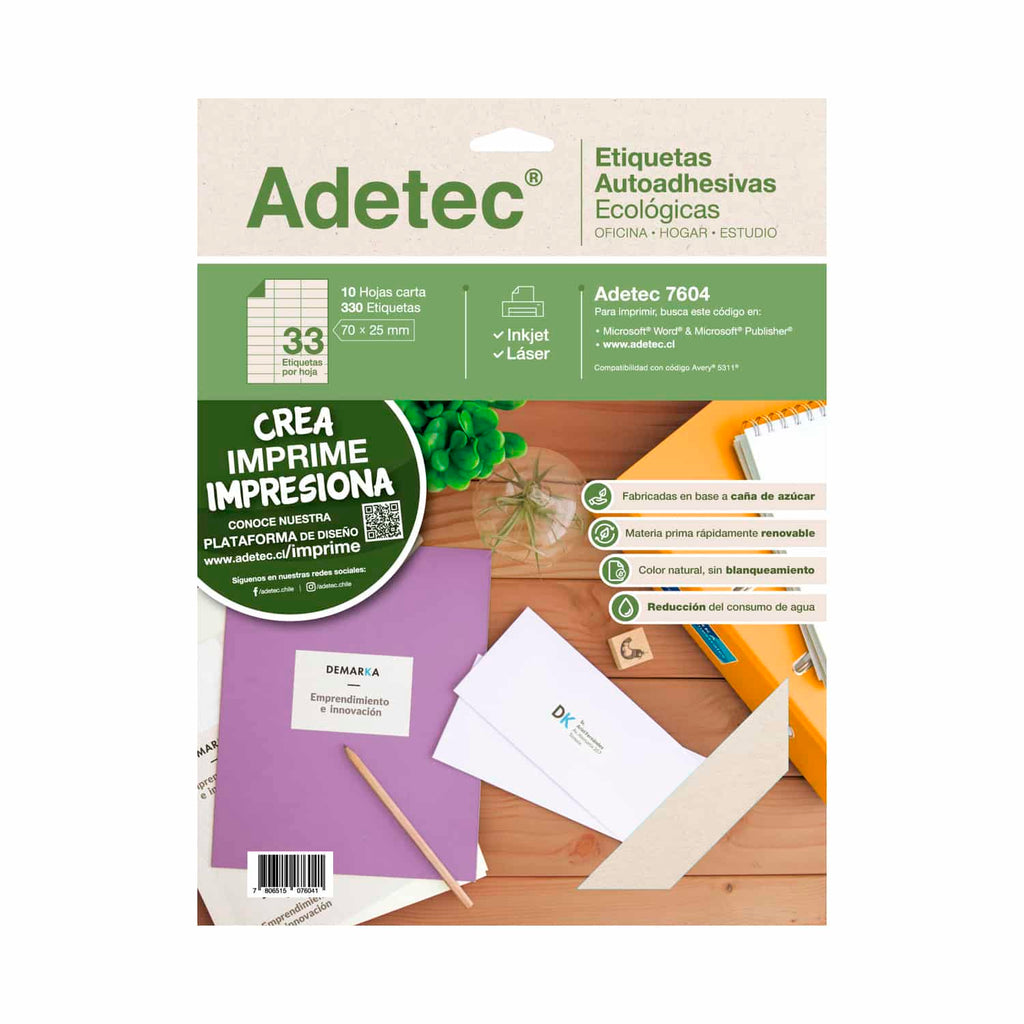 330 Etiquetas Adhesivas Ecológica Inkjet/láser 70x25 mm X 10 Hojas - 7604 Adetec
