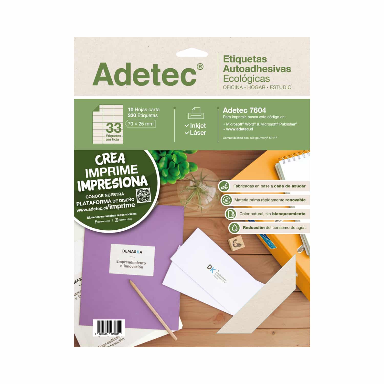 330 Etiquetas Adhesivas Ecológica Inkjet/láser 70x25 mm X 10 Hojas - 7604 Adetec