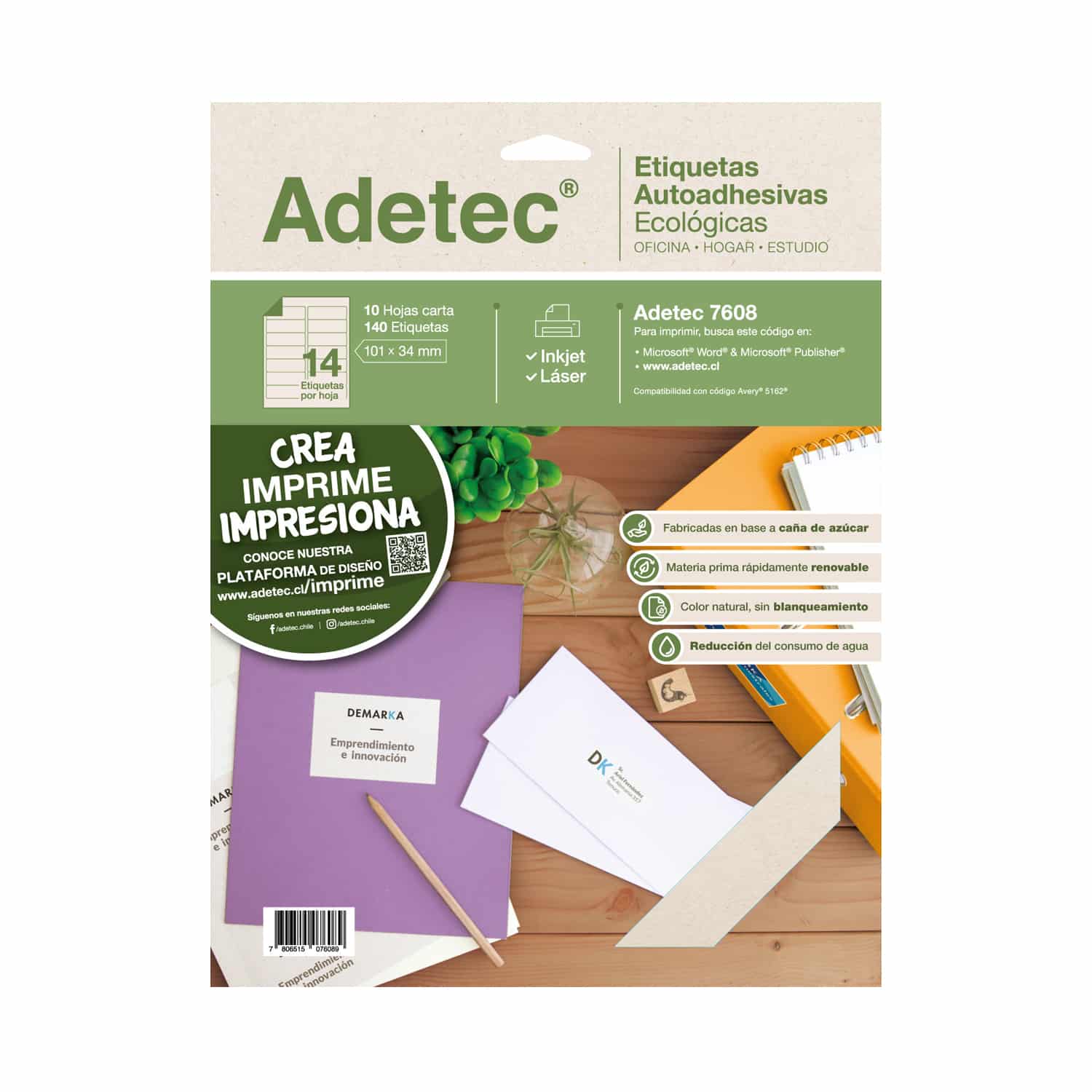 140 Etiquetas Ecológica Autoadhesivas Inkjet/láser 101x34 mm x 10 Hojas - 7608 Adetec