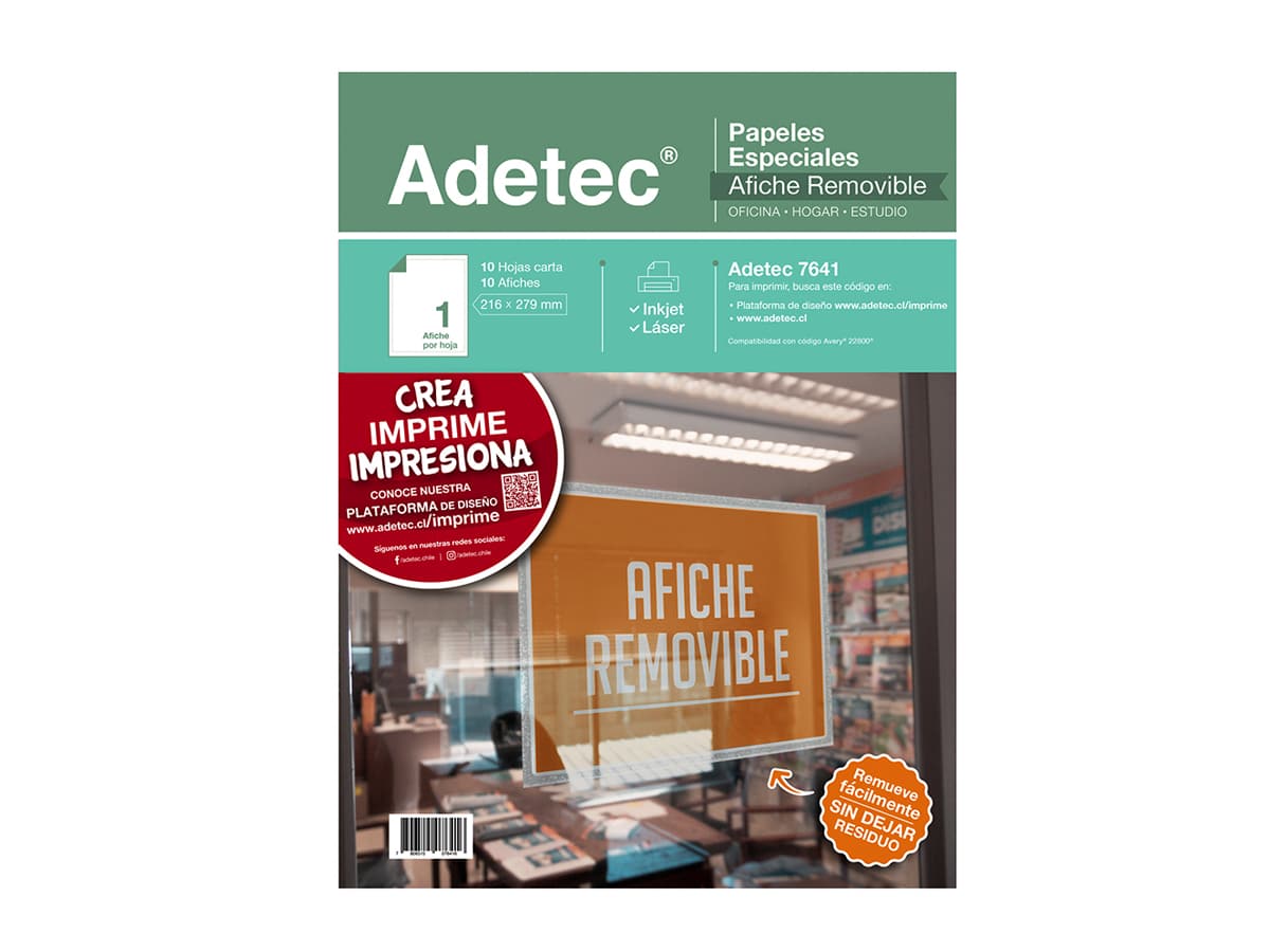Afiche Removible Adhesivo Inkjet/láser 216x279 mm 10 Hojas Adetec - 7641