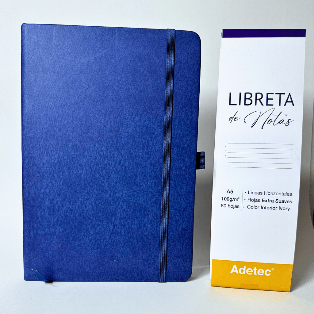 Libreta de Notas A5 Azul Oscuro Cosida Con Elástico - Papel Ivory De 100gr x 80 Hojas Adetec