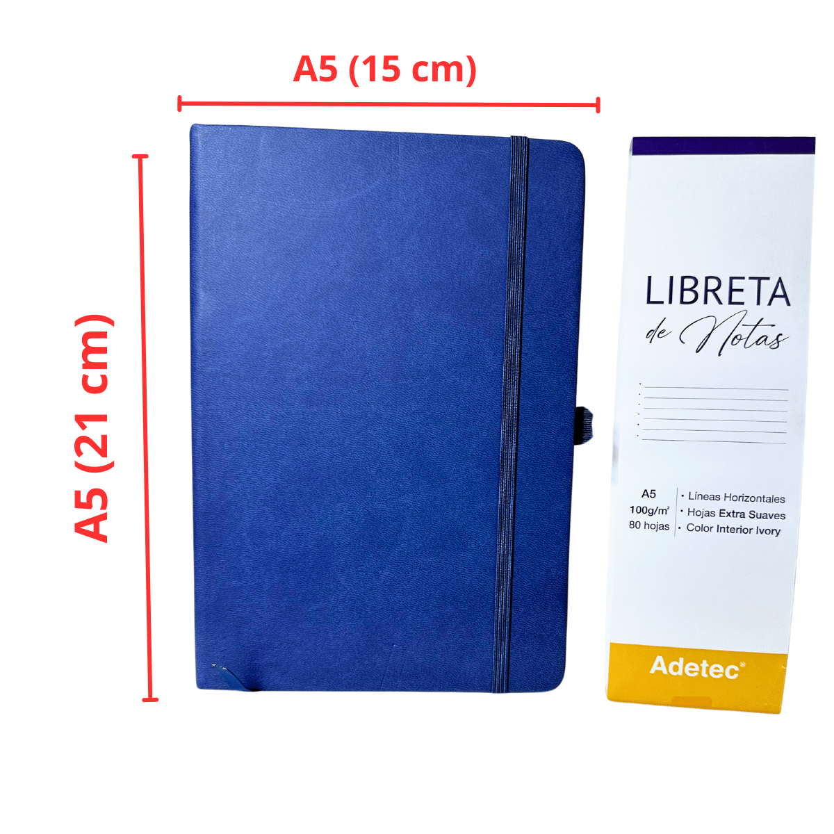 Libreta de Notas A5 Azul Oscuro Cosida Con Elástico - Papel Ivory De 100gr x 80 Hojas Adetec
