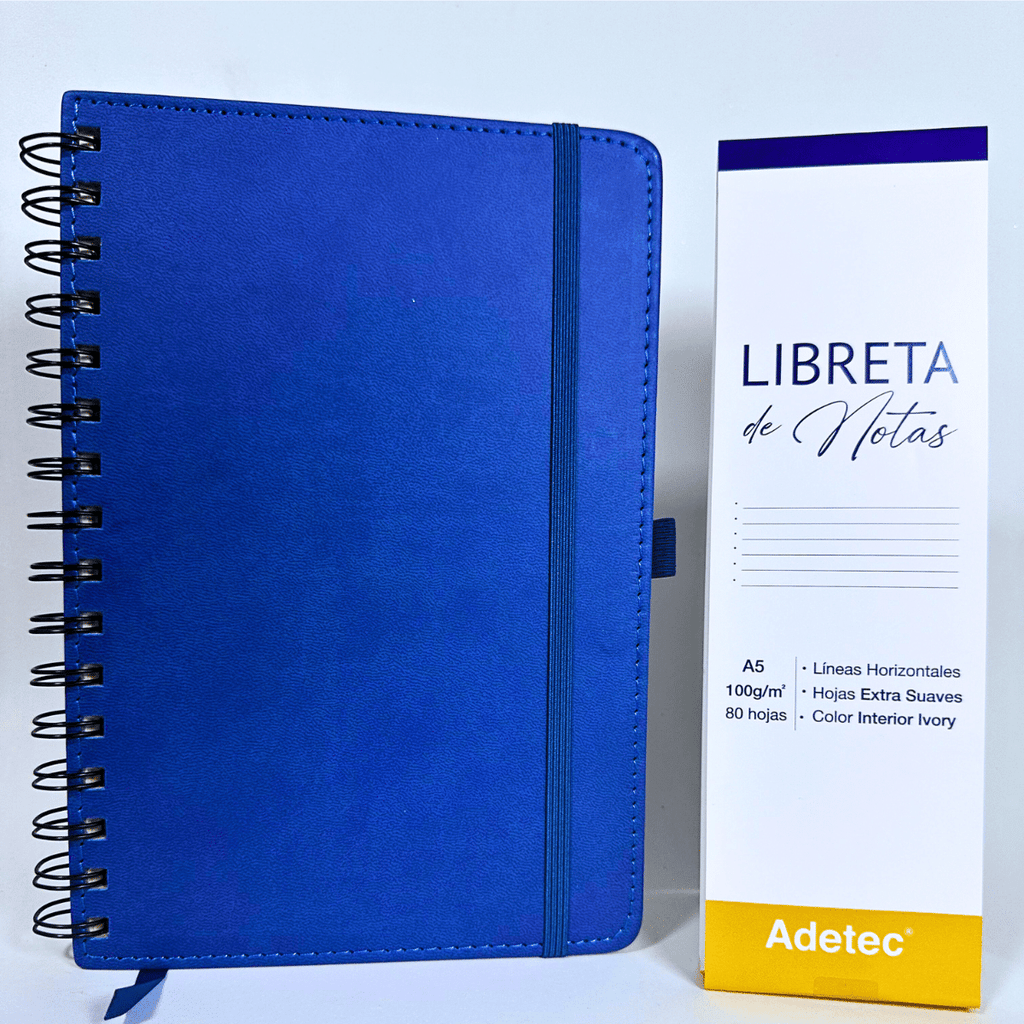 Libreta de Notas A5 Azul Oscuro Anillada Con Elástico - Papel Ivory De 100gr x 80 Hojas Adetec