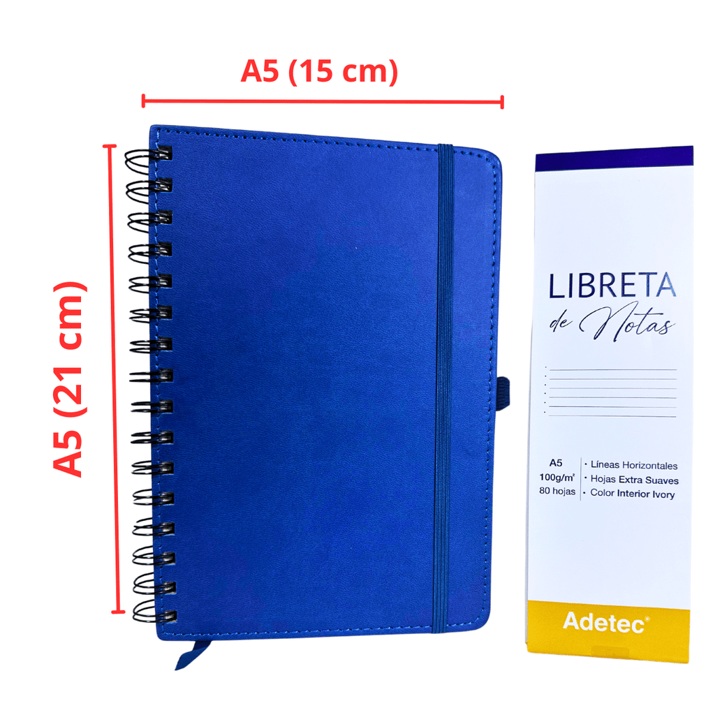 Libreta de Notas A5 Azul Oscuro Anillada Con Elástico - Papel Ivory De 100gr x 80 Hojas Adetec