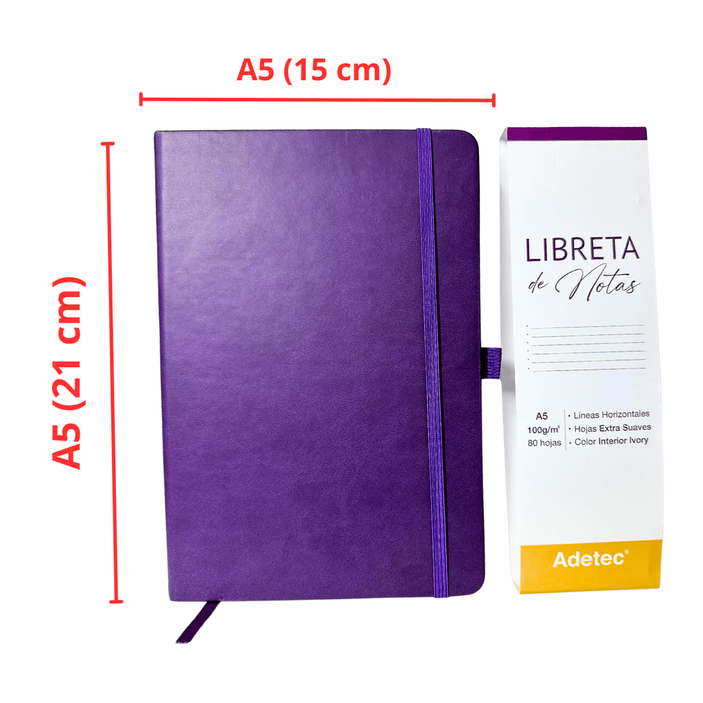 Libreta de Notas A5 Burdeo Cosida Con Elástico - Papel Ivory De 100gr x 80 Hojas Adetec