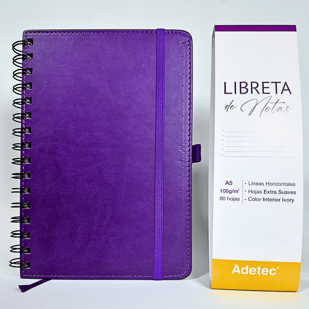 Libreta de Notas A5 Burdeo Anillada Con Elástico - Papel Ivory De 100gr x 80 Hojas Adetec