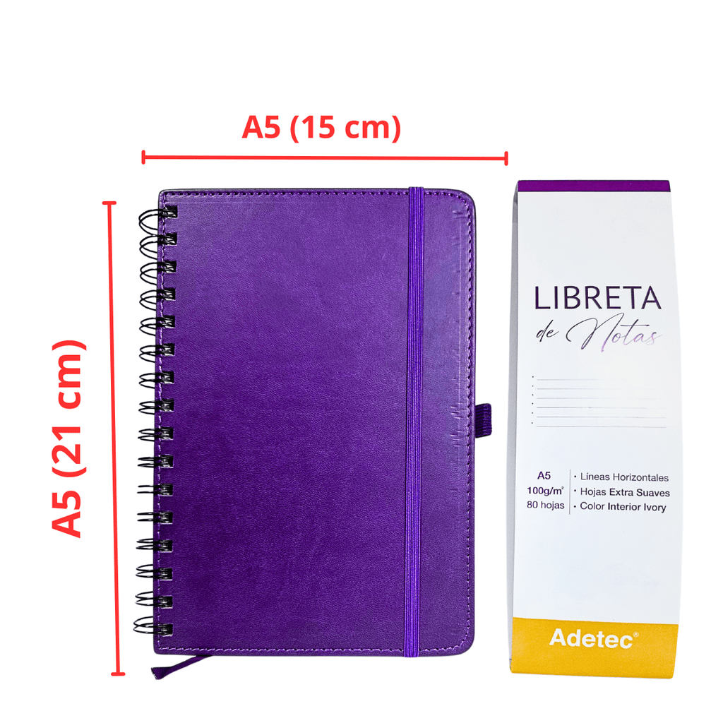 Libreta de Notas A5 Burdeo Anillada Con Elástico - Papel Ivory De 100gr x 80 Hojas Adetec