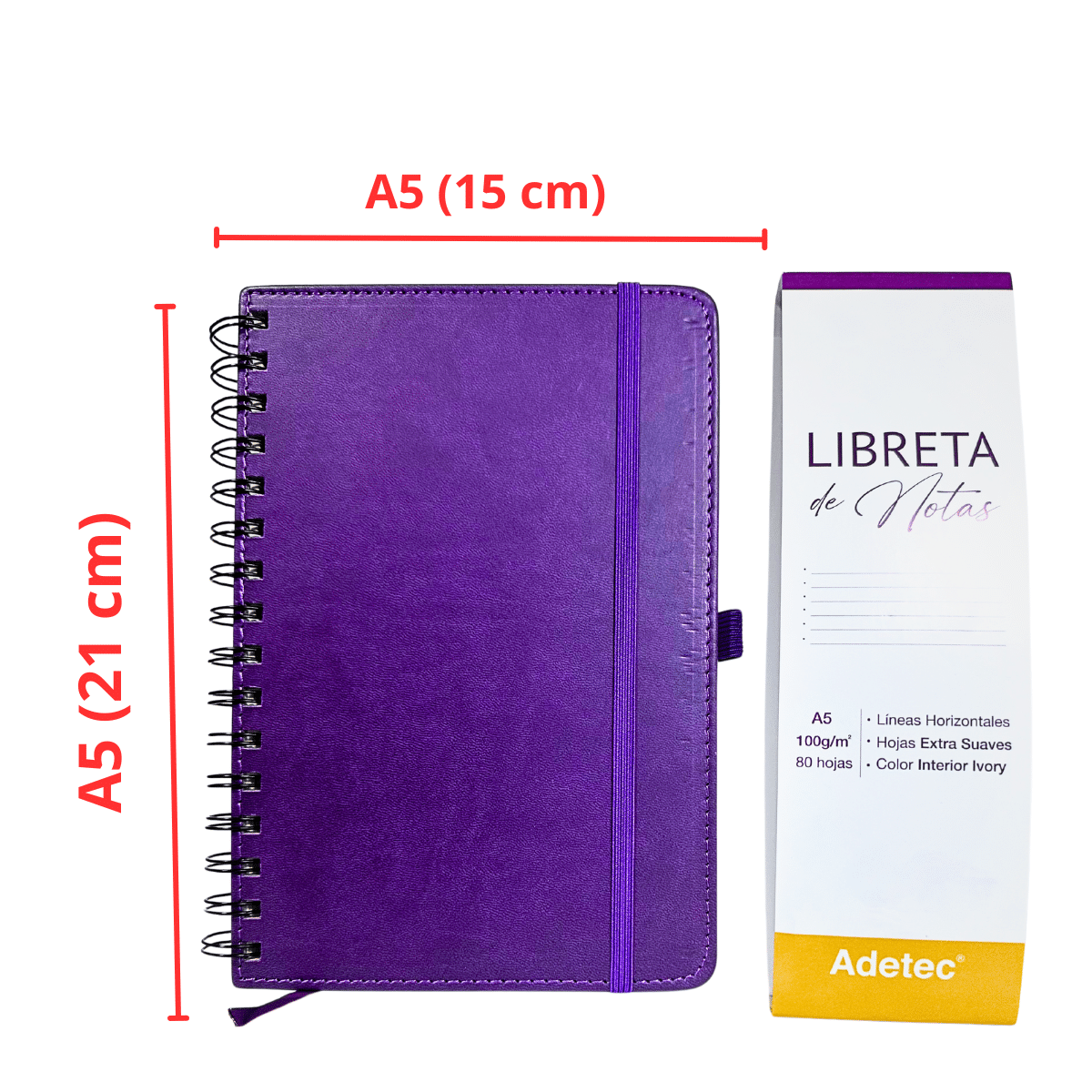Libreta de Notas A5 Burdeo Anillada Con Elástico - Papel Ivory De 100gr x 80 Hojas Adetec