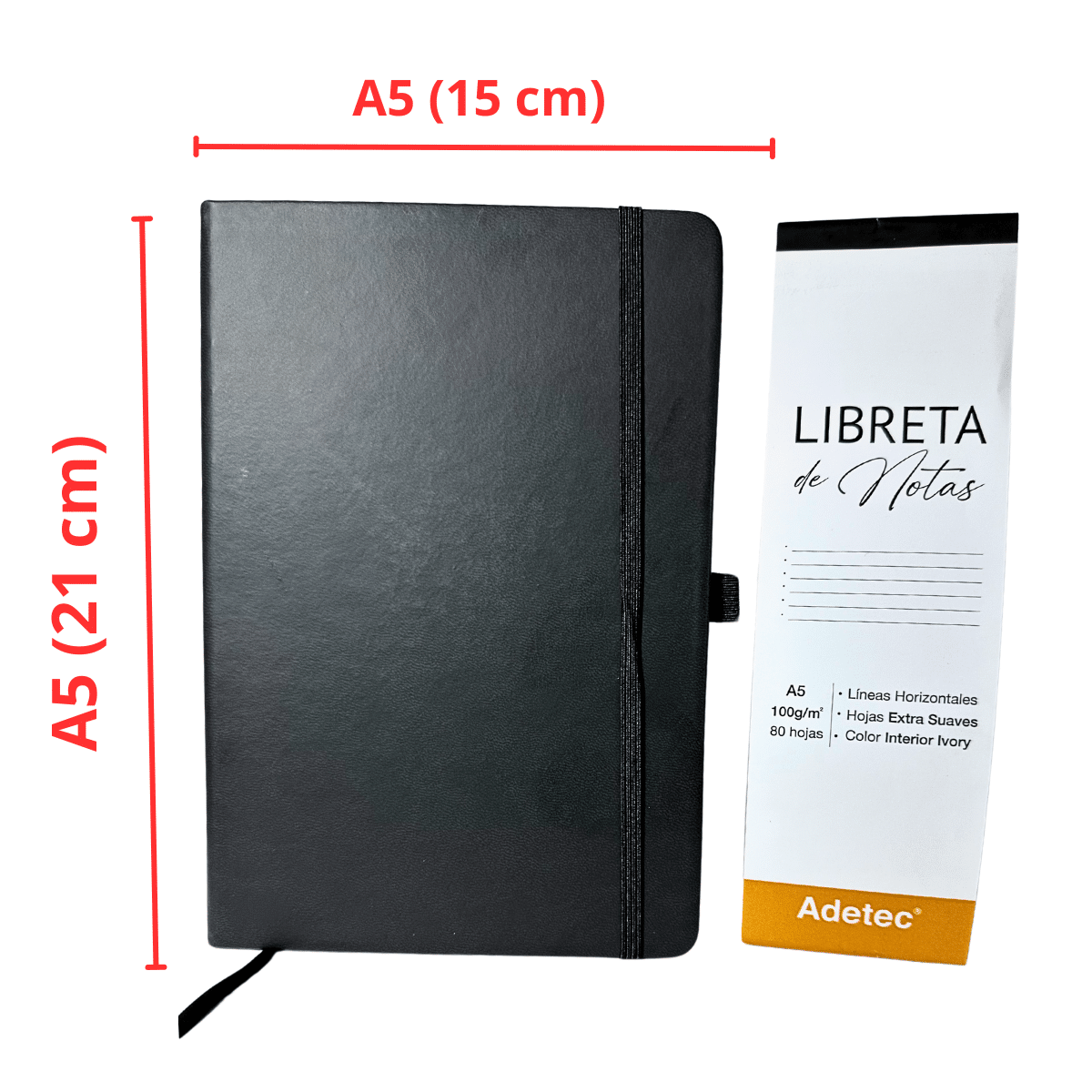 Libreta de Notas A5 Negra Cosida Con Elástico - Papel Ivory De 100gr x 80 Hojas Adetec