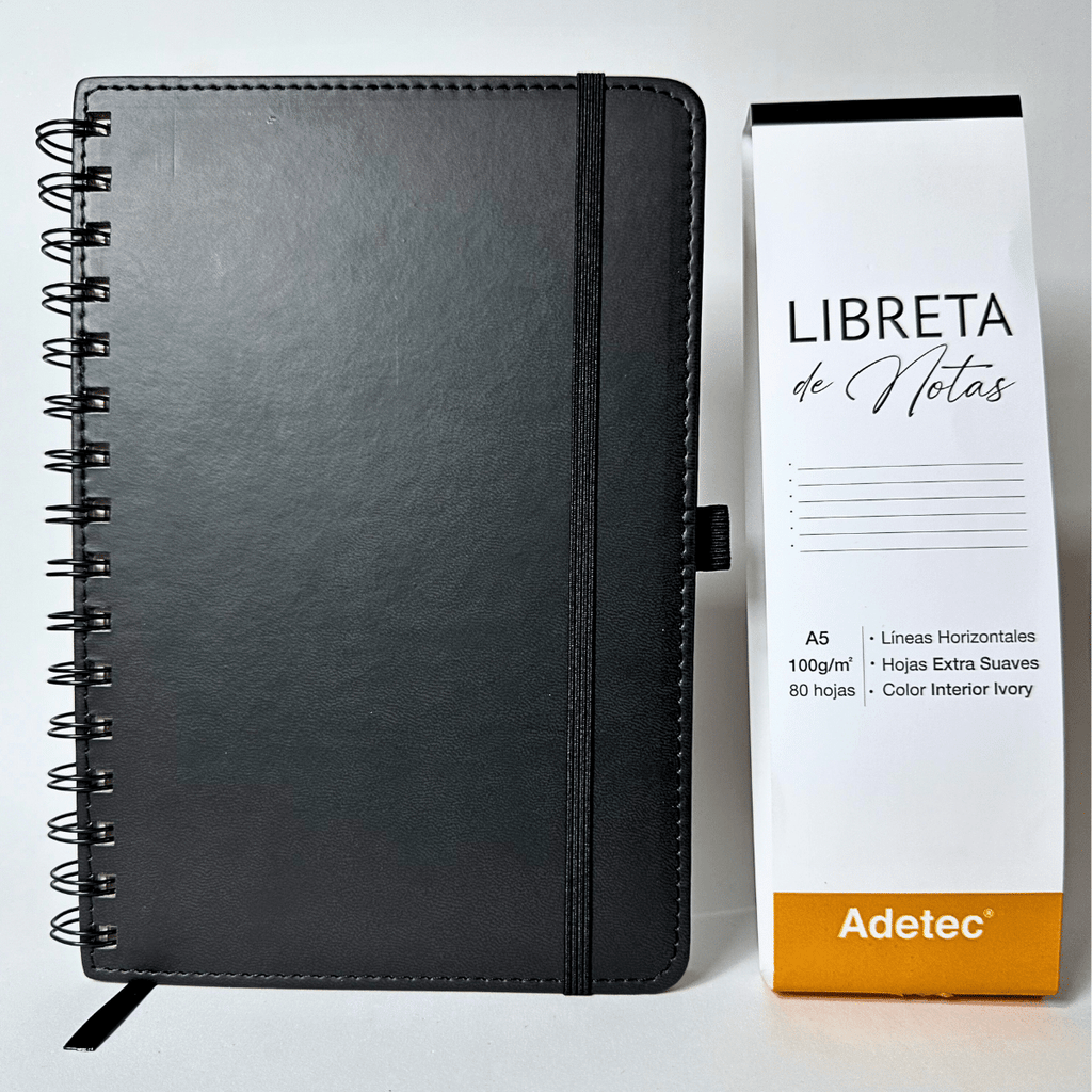 Libreta de Notas A5 Negra Anillada Con Elástico - Papel Ivory De 100gr x 80 Hojas Adetec