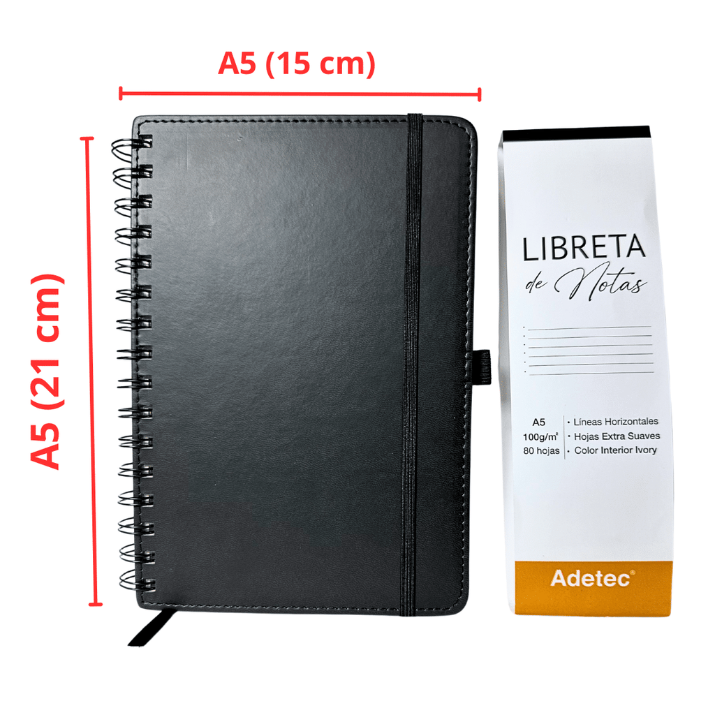 Libreta de Notas A5 Negra Anillada Con Elástico - Papel Ivory De 100gr x 80 Hojas Adetec
