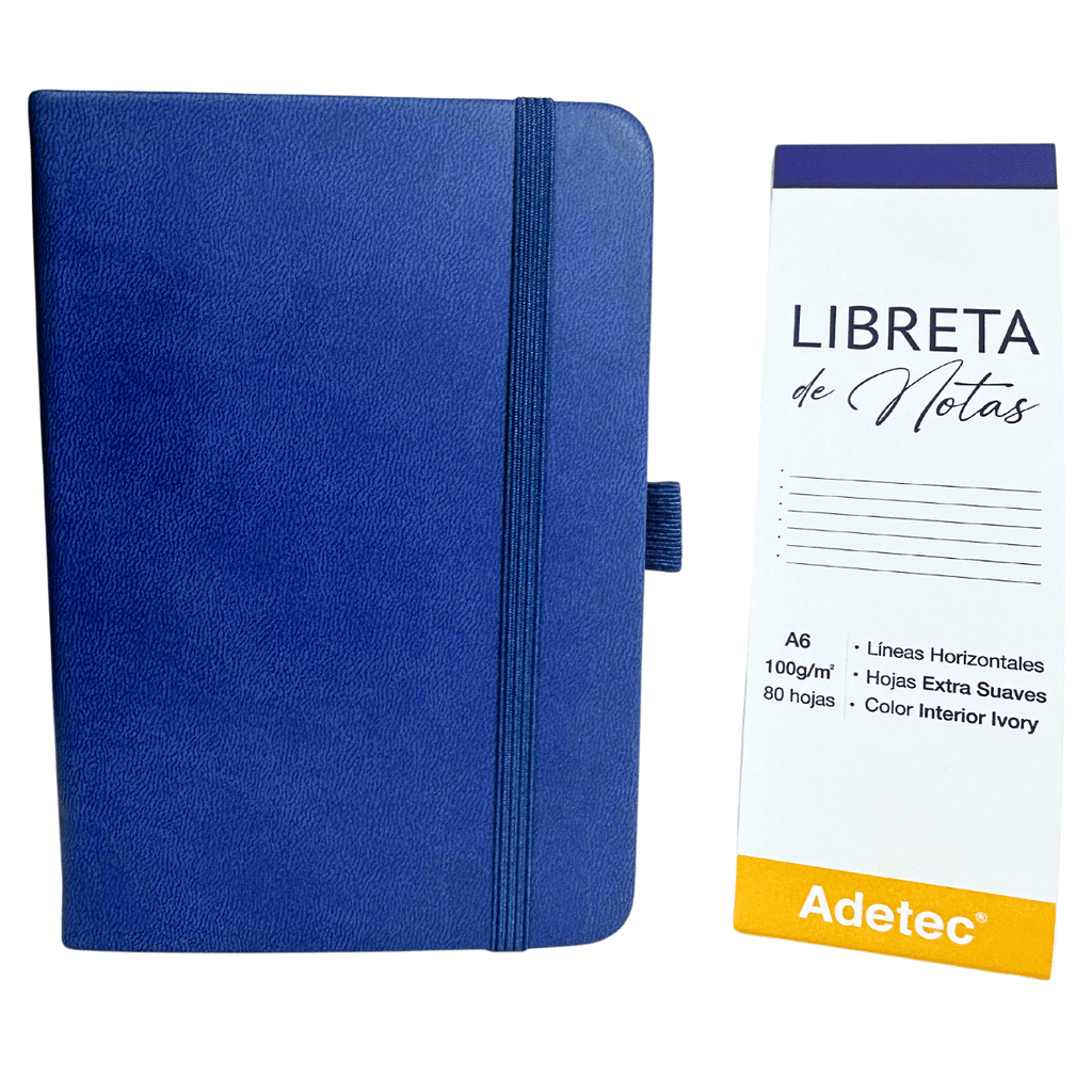 Libreta de Notas A6 Azul Oscuro Cosida Con Elástico - Papel Ivory De 100gr x 80 Hojas Adetec
