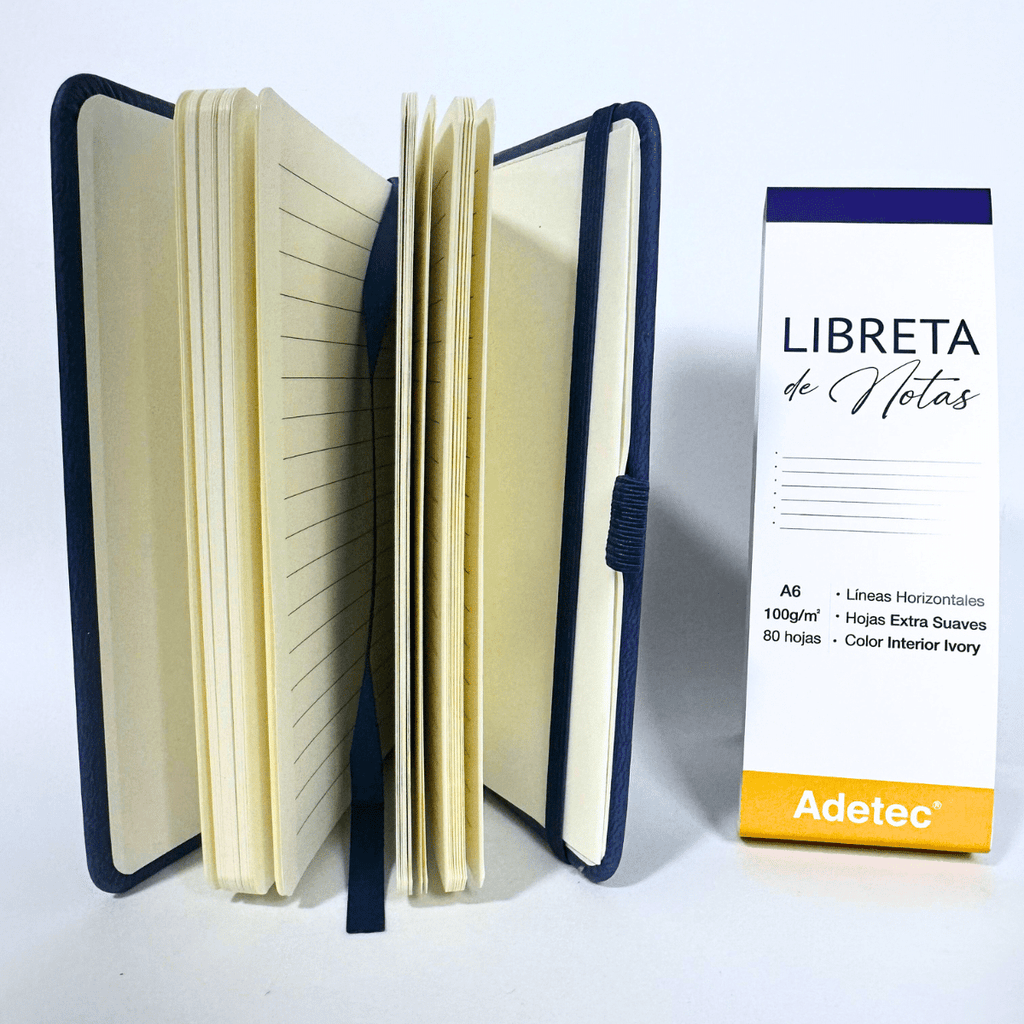 Libreta de Notas A6 Azul Oscuro Cosida Con Elástico - Papel Ivory De 100gr x 80 Hojas Adetec