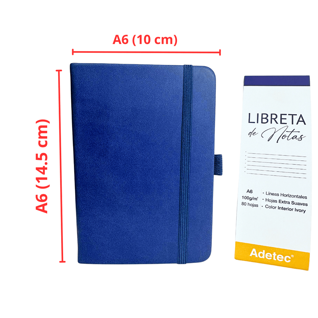 Libreta de Notas A6 Azul Oscuro Cosida Con Elástico - Papel Ivory De 100gr x 80 Hojas Adetec