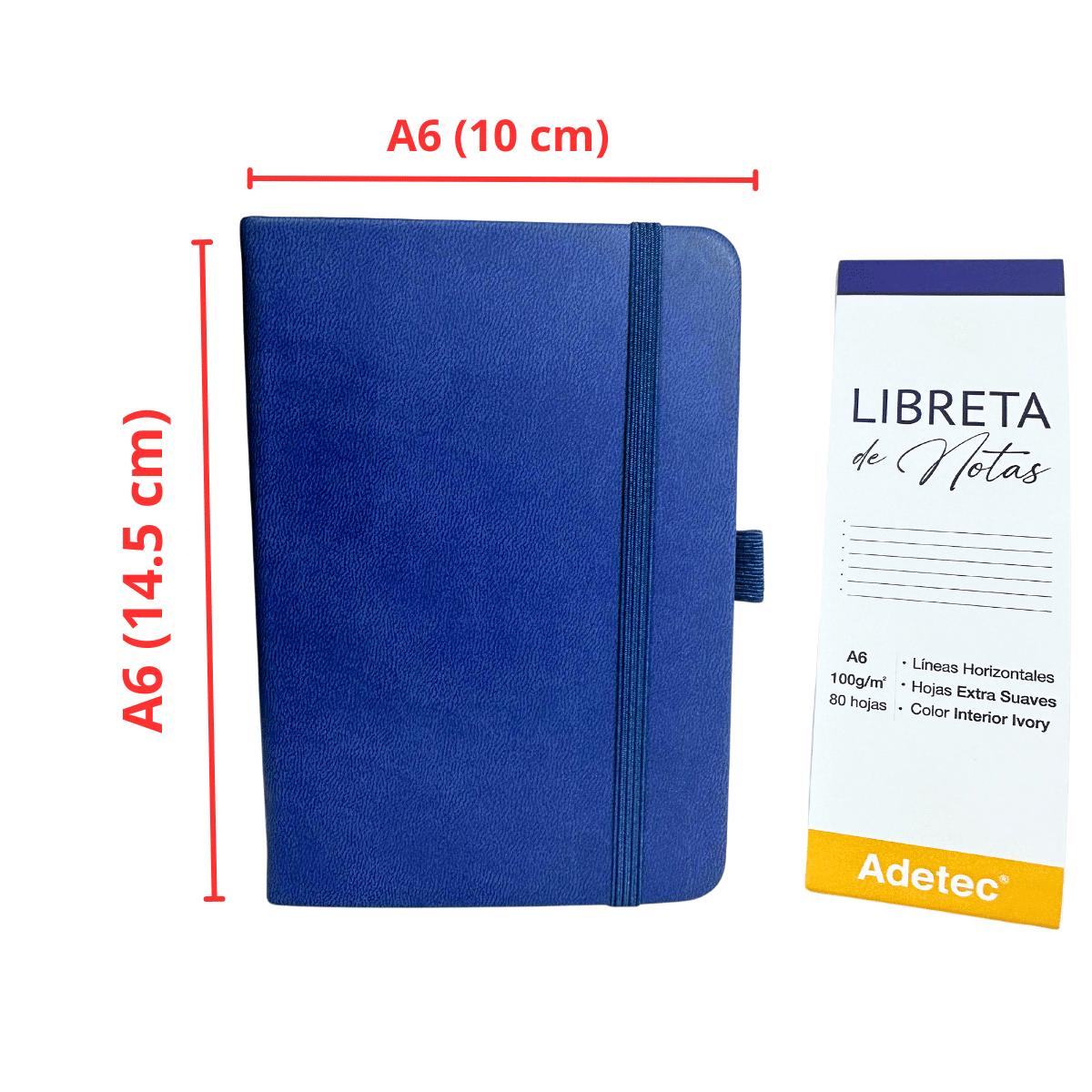 Libreta de Notas A6 Azul Oscuro Cosida Con Elástico - Papel Ivory De 100gr x 80 Hojas Adetec